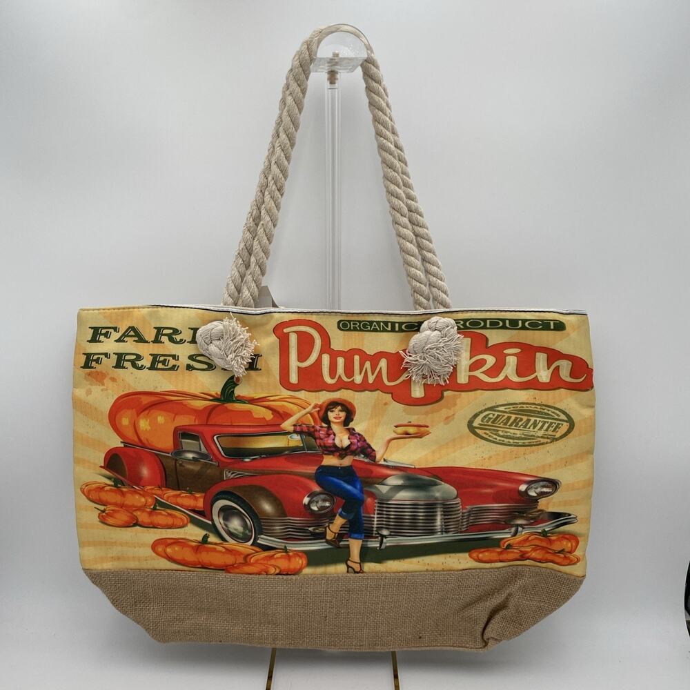 Alpha Bags Farm Fresh Pumpkin Tote Bag Red Truck Zip Top Pin Up Rope Handles